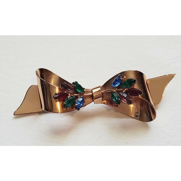 Coro Jewelry - Rare Vintage Signed Coro Sterling Craft Multi-Color Rhinestone Bow Brooch Pin